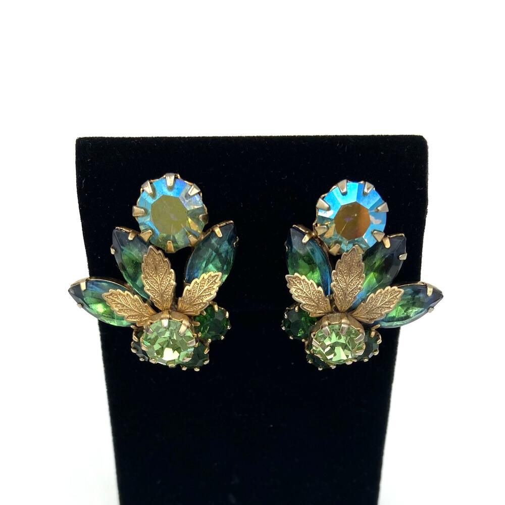 Vintage Rhinestone Clip On Earrings Blue Green Navette Round Stones AB READ